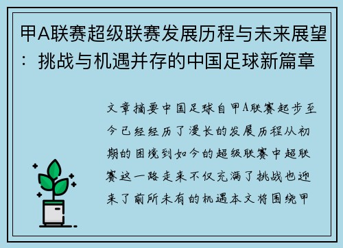 甲A联赛超级联赛发展历程与未来展望：挑战与机遇并存的中国足球新篇章